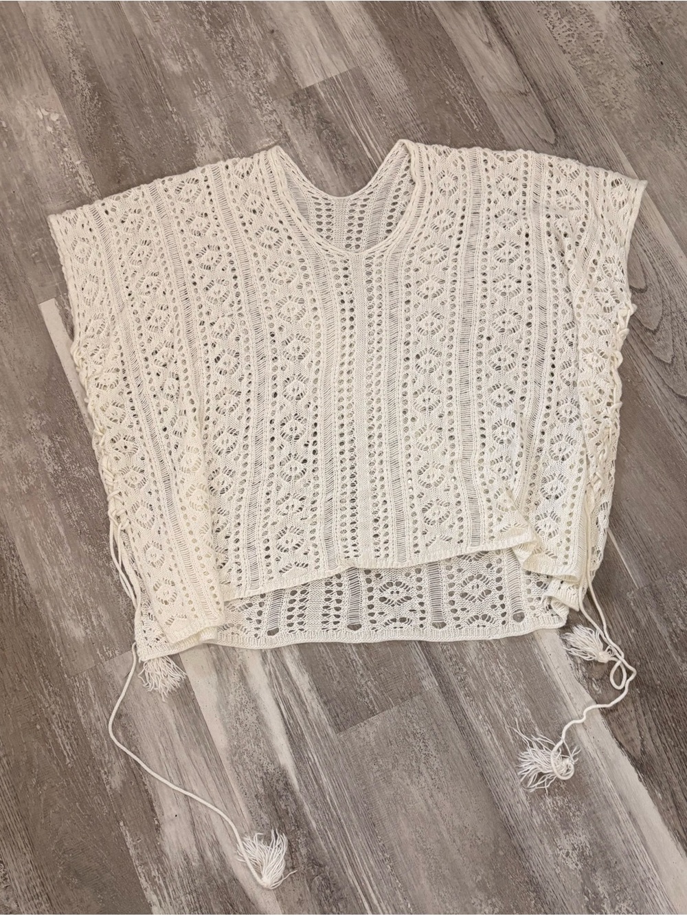 Crochet Knit Tassel Poncho swim coverup - Cream